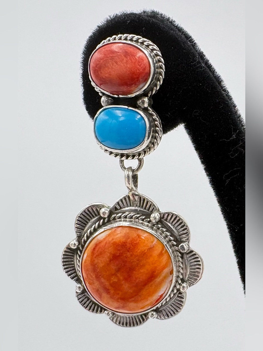 Vintage Etta Endito Navajo 925 Silver Spiny Oyster Shell & Turquoise Earrings - Picture 3 of 10